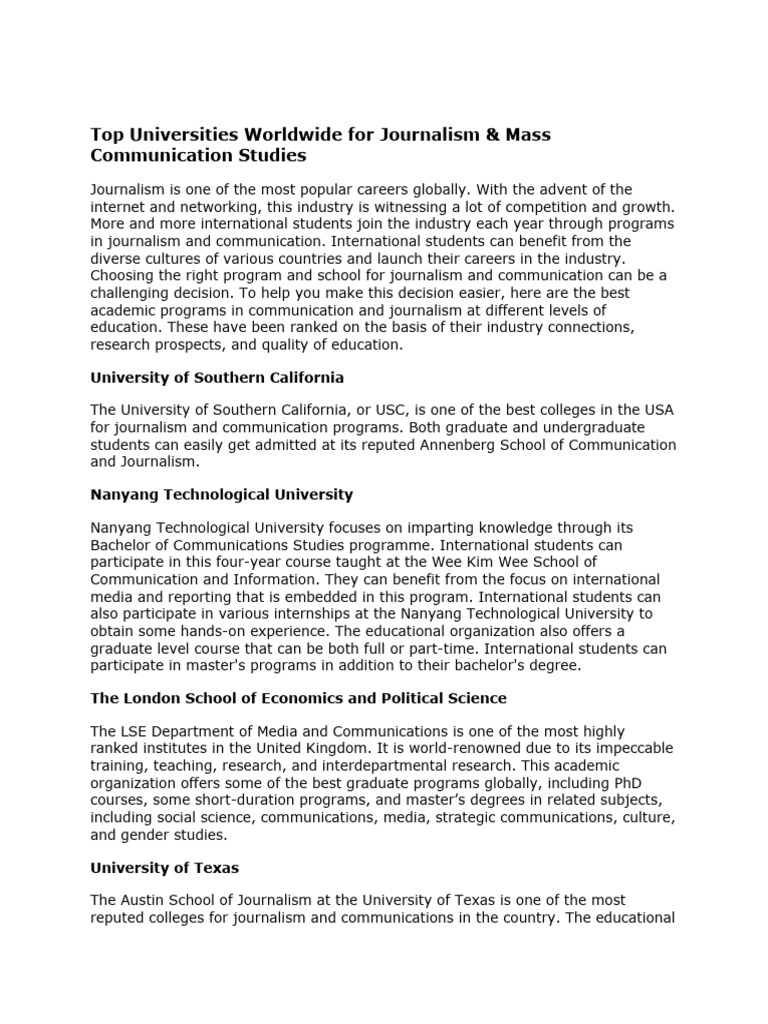 Top Universities Worldwide For Journalism Mass Communication Studies