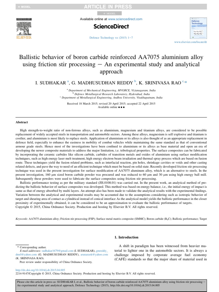 Ballistic Behavior of Boron Carbide Reinforced AA7075 Aluminium Alloy ...
