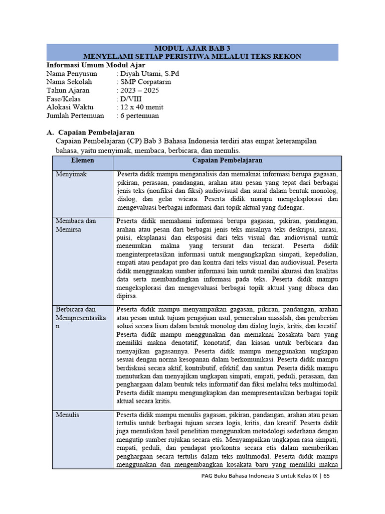 7.3 Modul Ajar Bab 3 - Bahasa Indonesia SMP Kelas IX Edit | PDF