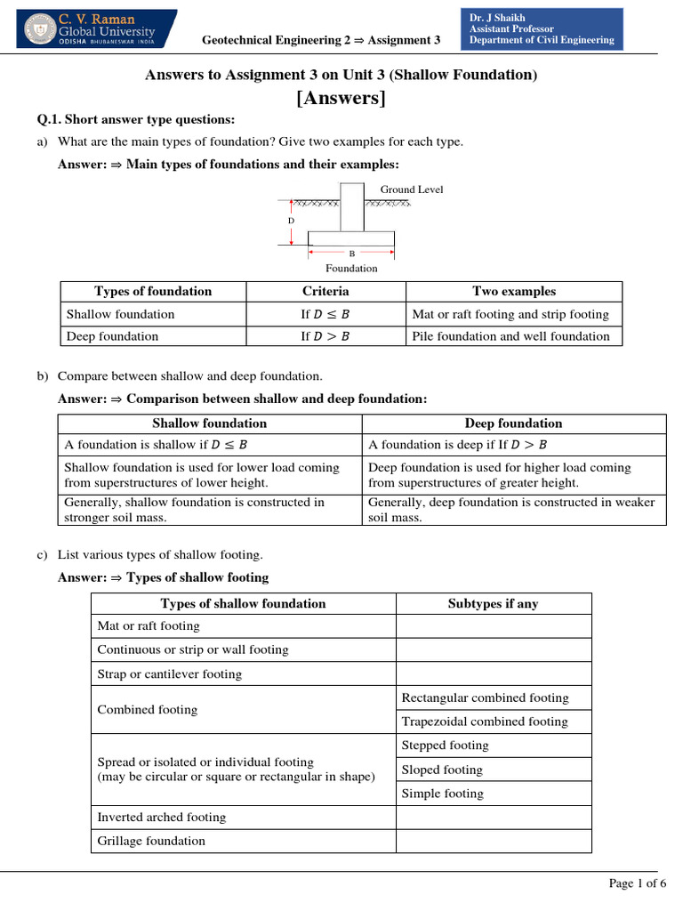 Shallow Foundation Assignment Answers | PDF | Foundation (Engineering ...