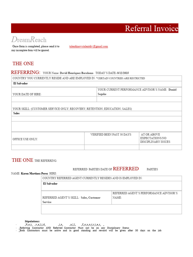 DreamReach Referral Invoice Form | PDF | Career & Growth