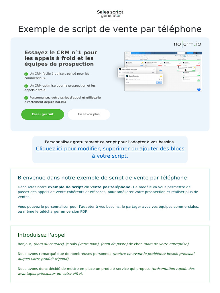 Exemple de script de vente téléphonique | PDF | Évolution de carrière ...