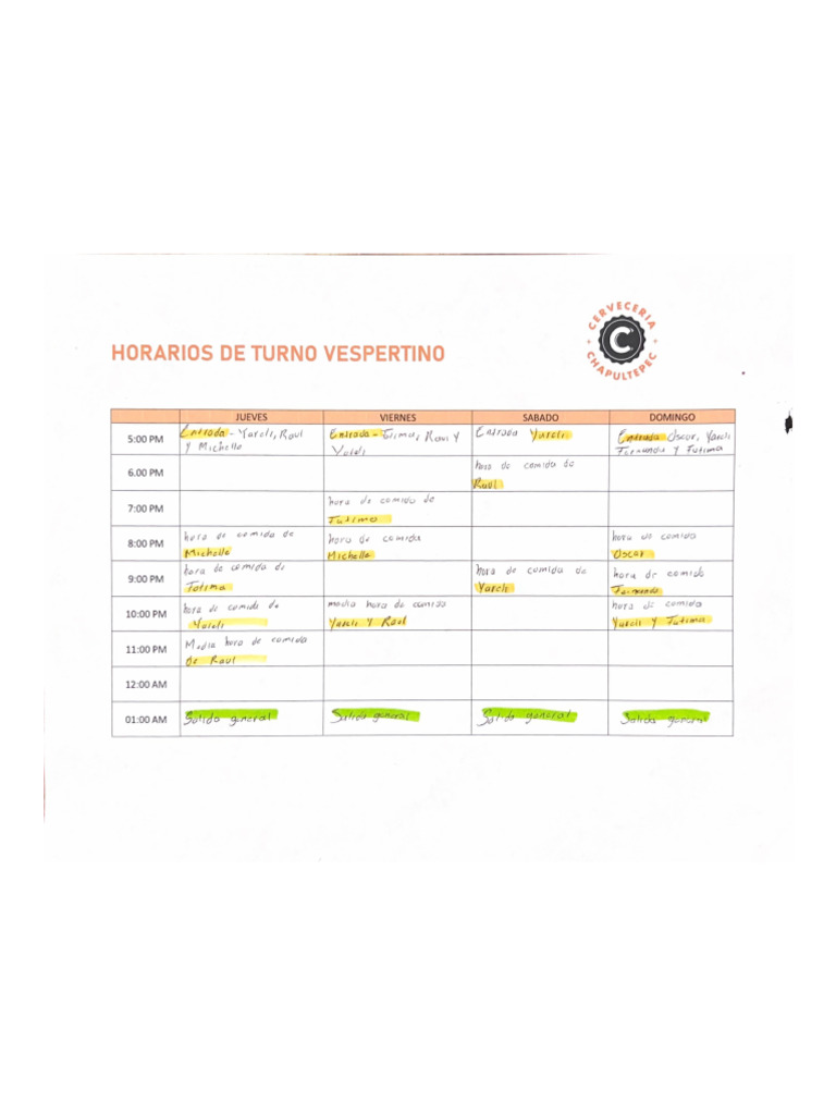 Horarios de Turno Vespertino | PDF