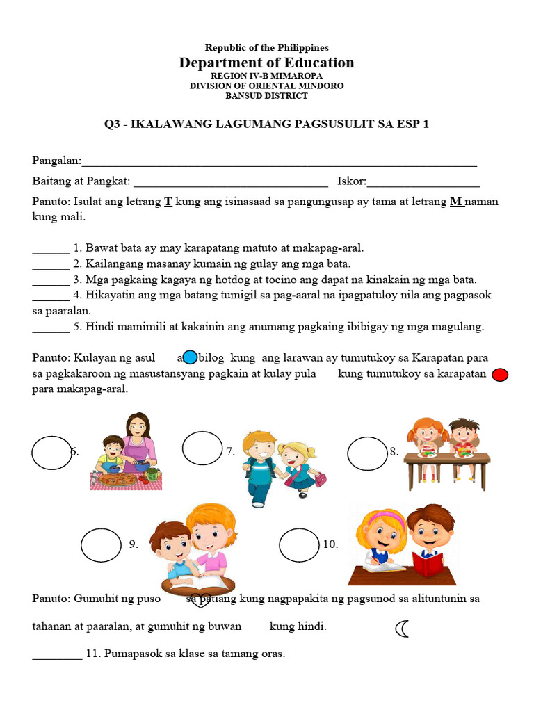 q3 2nd Summative Test in Esp 1 | PDF