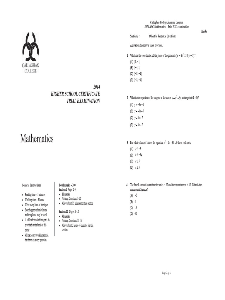 2014 HSC Mathematics Trial Exam | PDF | Elementary Geometry | Euclidean ...