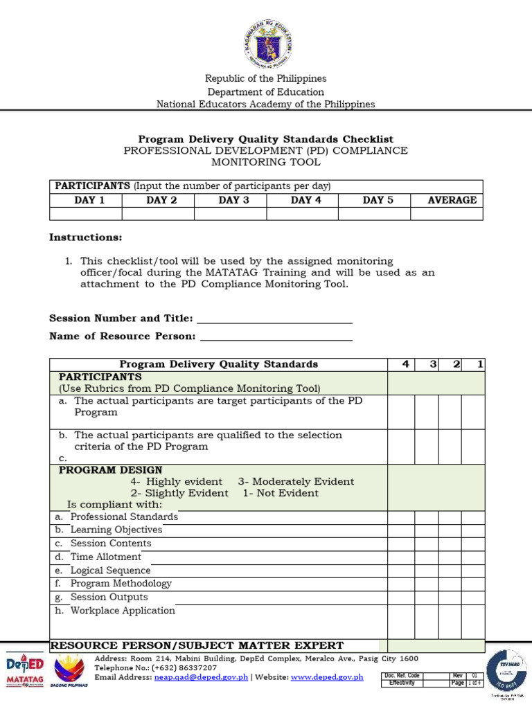 PD Compliance Monitoring Checklist | PDF | Learning | Cognition