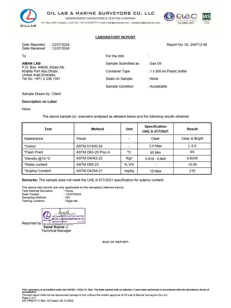 Laboratory Report for Gas Oil Analysis | PDF | United Arab Emirates