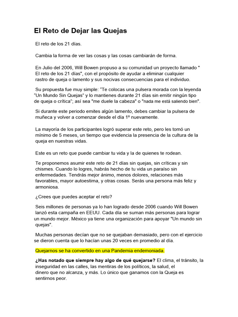 Reto de 21 Días Sin Quejas | PDF | Relaciones personales, crianza y ...