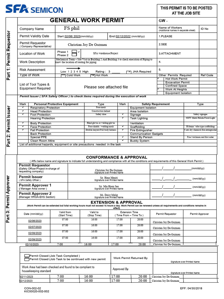 General Work Permit (FEB 06 2023 To FEB 12 2023) For Site Visit | PDF ...
