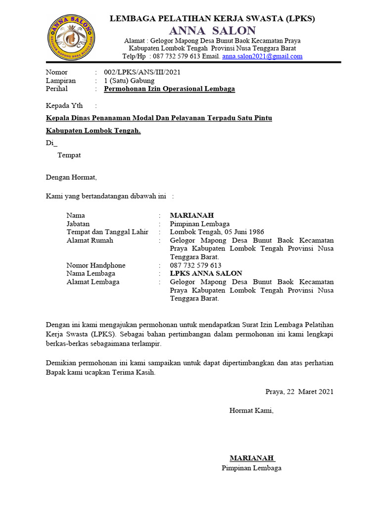 ISI Proposal Ijin LPK | PDF