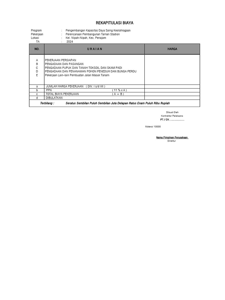4.bill of Quantity B Q Taman Stadion | PDF