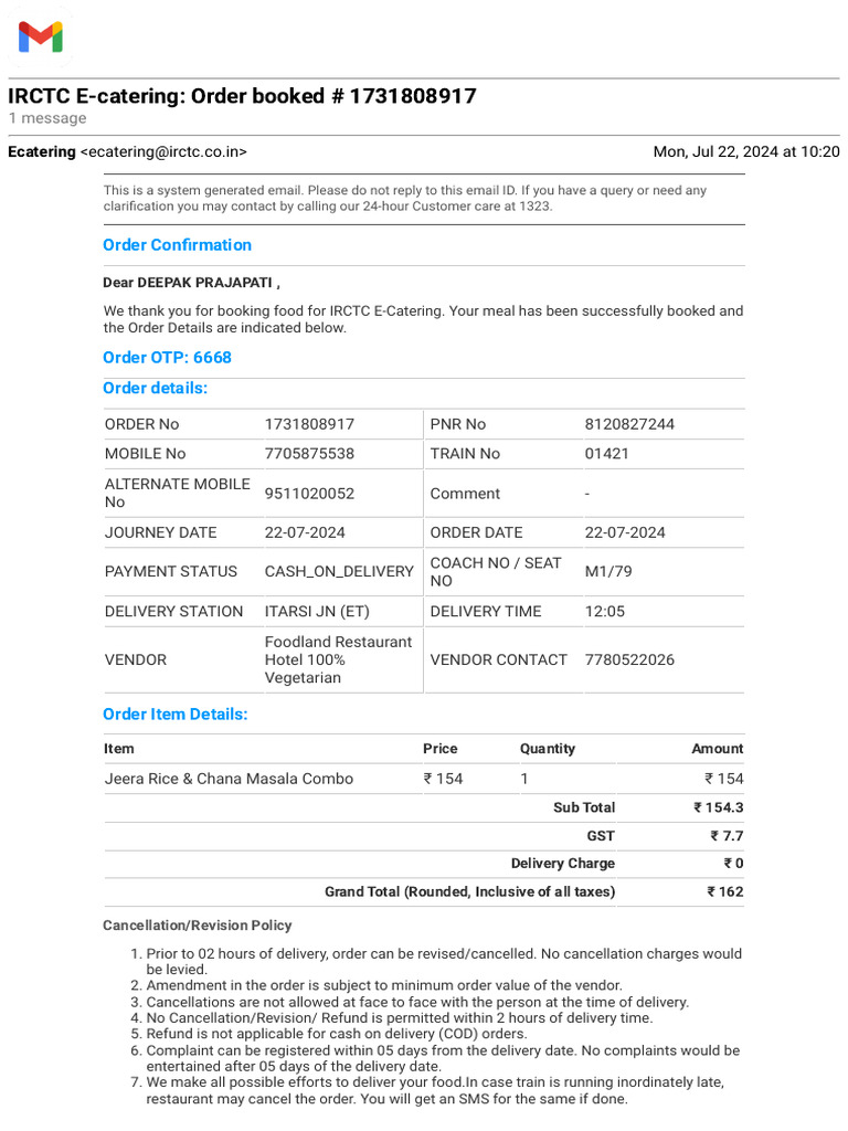 Gmail - IRCTC E-Catering - Order Booked # 1731808917 | PDF | Taxes ...