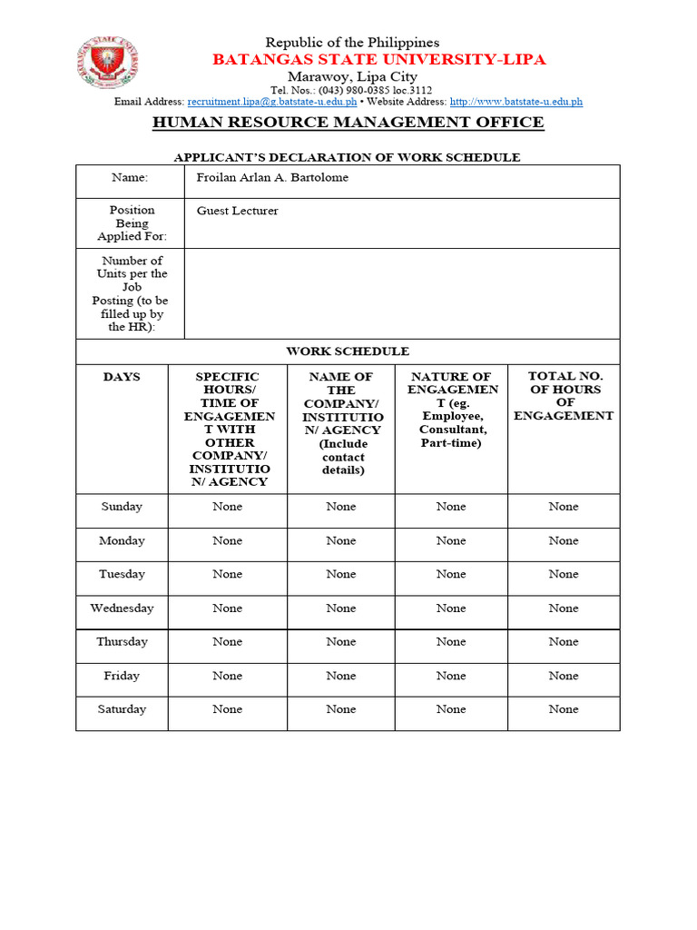 Work Schedule Declaration Form | PDF | Employee Relations | Labor