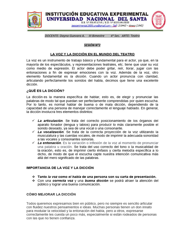 Sesion 3 Tema La Voz Y Dicción 4 A Y B Sec Pdf Vocal Teatro
