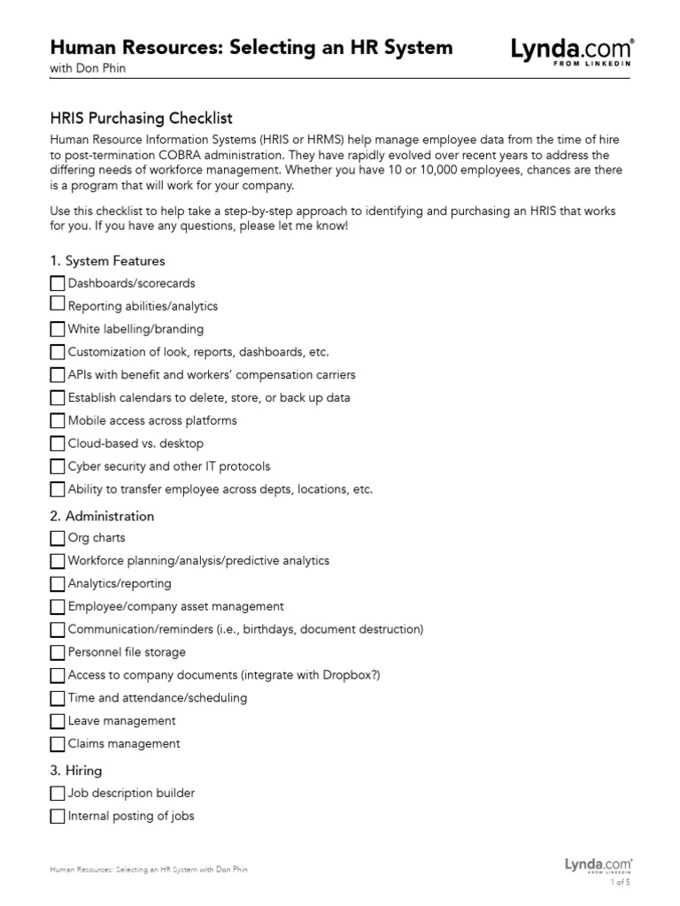 HRIS Selection Checklist Guide | PDF | Human Resource Management ...