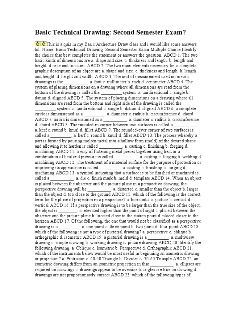 Basic Technical Drawing Exam PDF Perspective (Graphical) Geometry