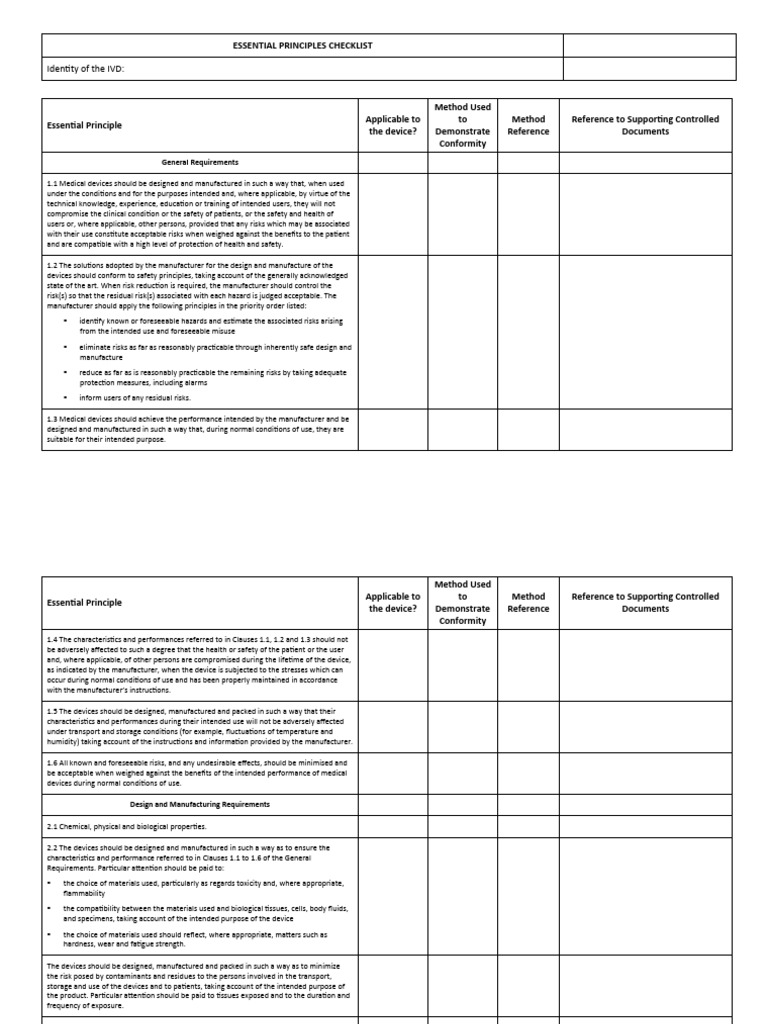 Essential Principles Checklist for Medical Devices | PDF | Risk ...
