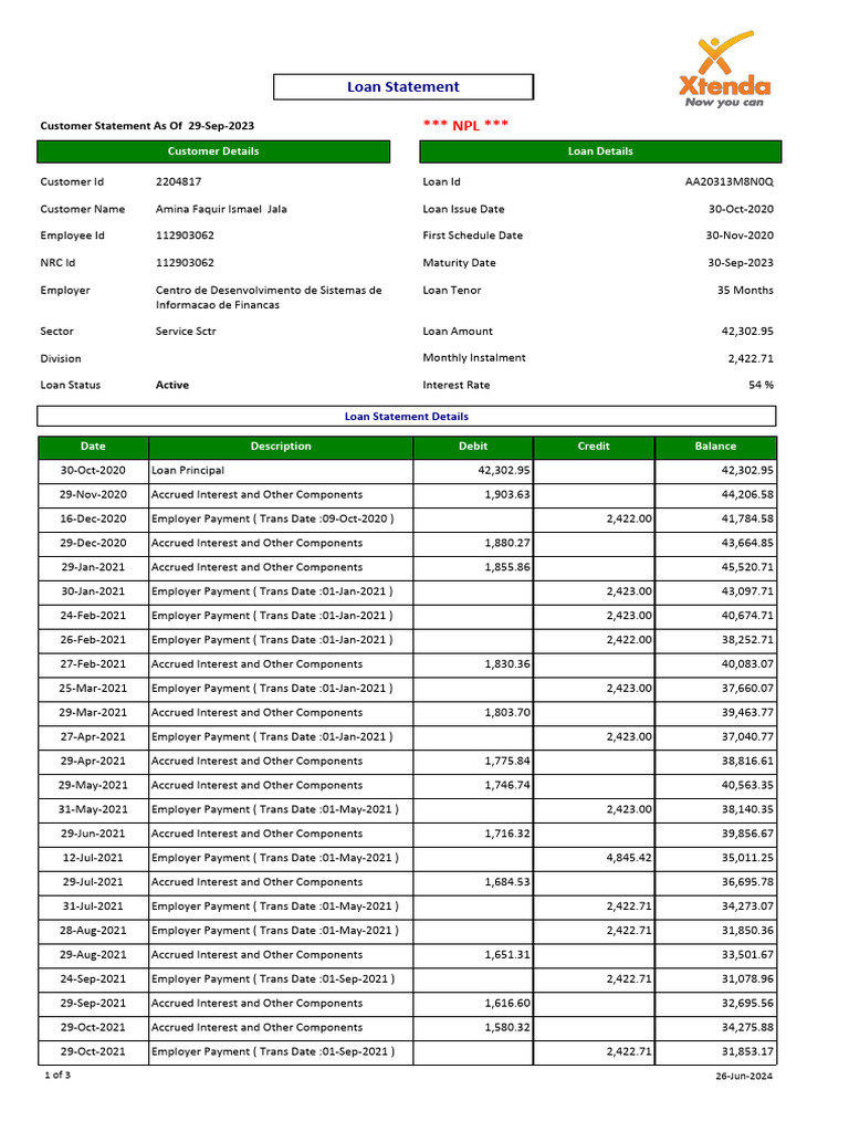 Loan Statement PDF Interest Loans