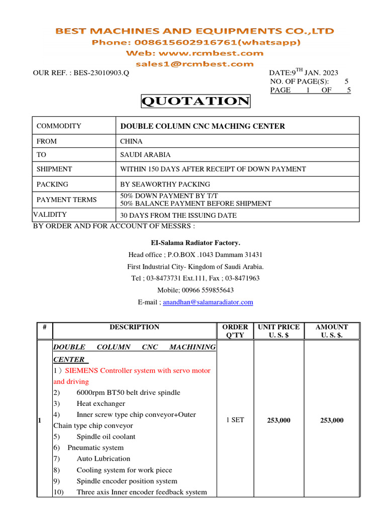 CNC Machining Center Quotation for Dammam | PDF | Mechanical ...