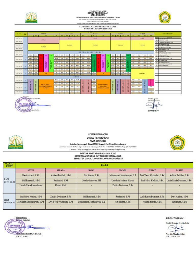 Jadwal Pelajaran SMA Unggul 2024/2025 | PDF