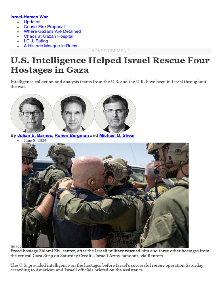 U.S. Intelligence Helped Israel Rescue Four Hostages in Gaza | PDF ...