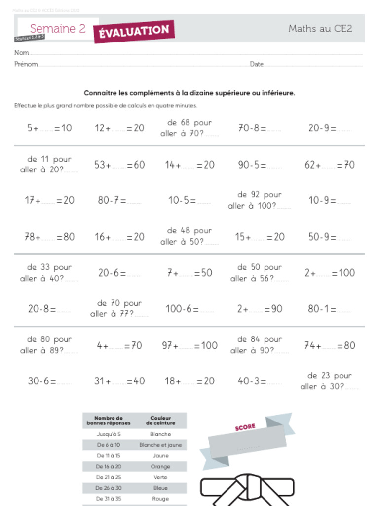 Évaluation Maths CE2 : Compléments et Doubles | PDF | Échecs | Théorie ...