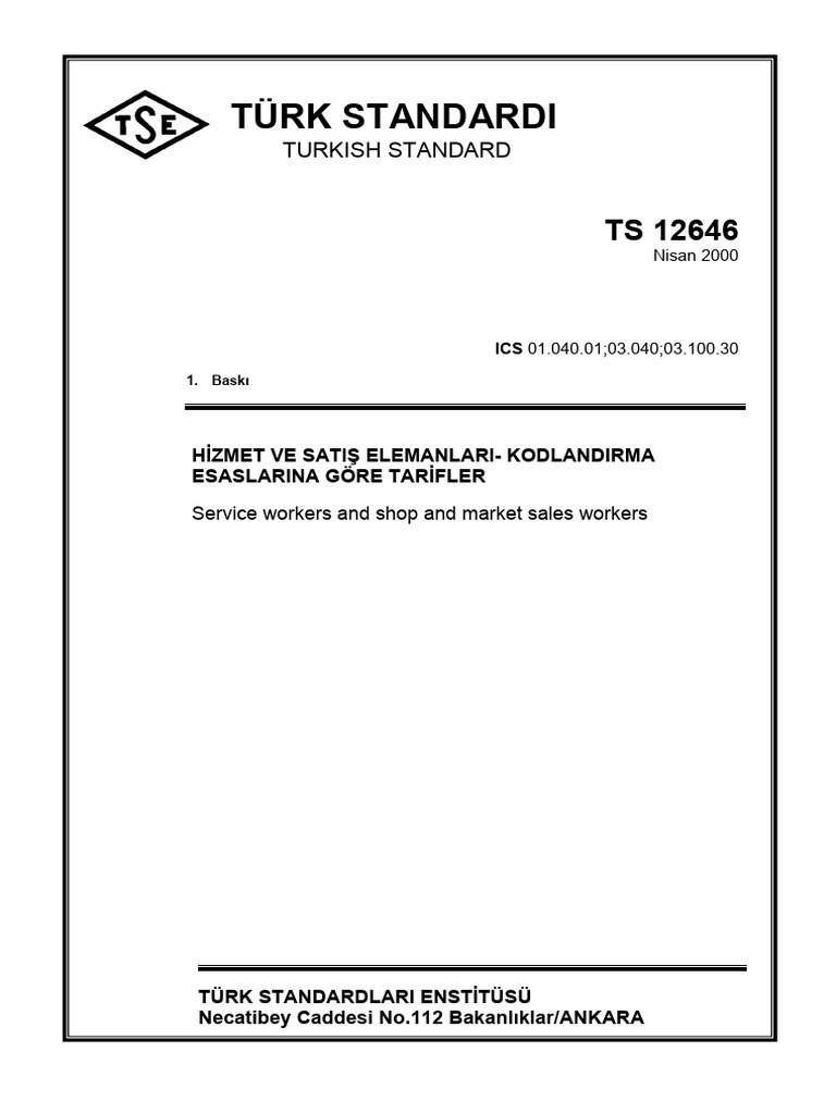 TS 12646 Hizmet Ve Satış Elemanları - Kodlandırma Esaslarına Göre ...