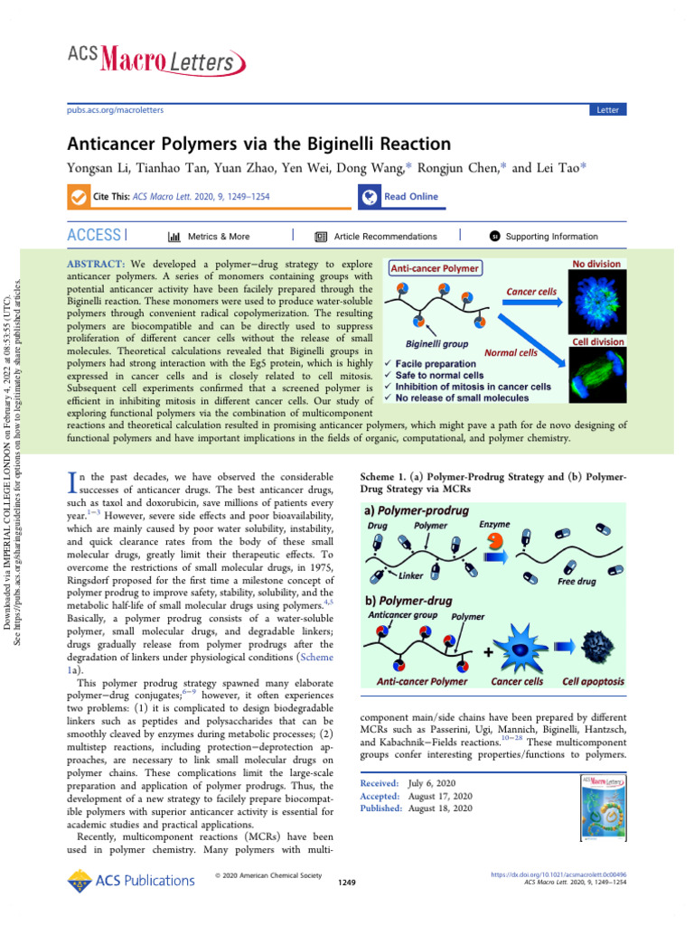 Anticancer Polymers Via The Biginelli Reaction | PDF | Polymers ...