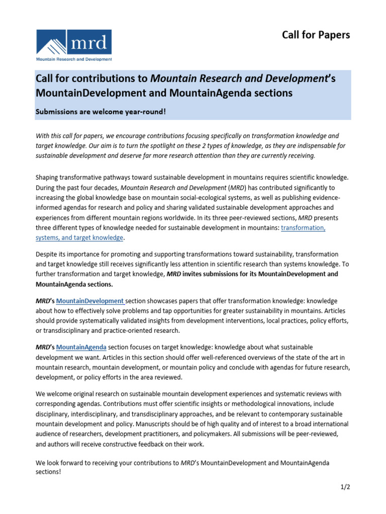 Call for Papers: Sustainable Mountain Research | PDF | Academic Journal ...