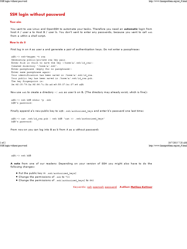 SSH Login Without Password | PDF | Secure Shell | Internet Protocols