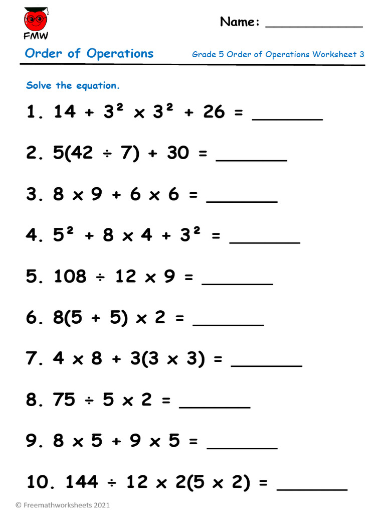 Grade 5 Order of Operations Worksheet 3 | PDF