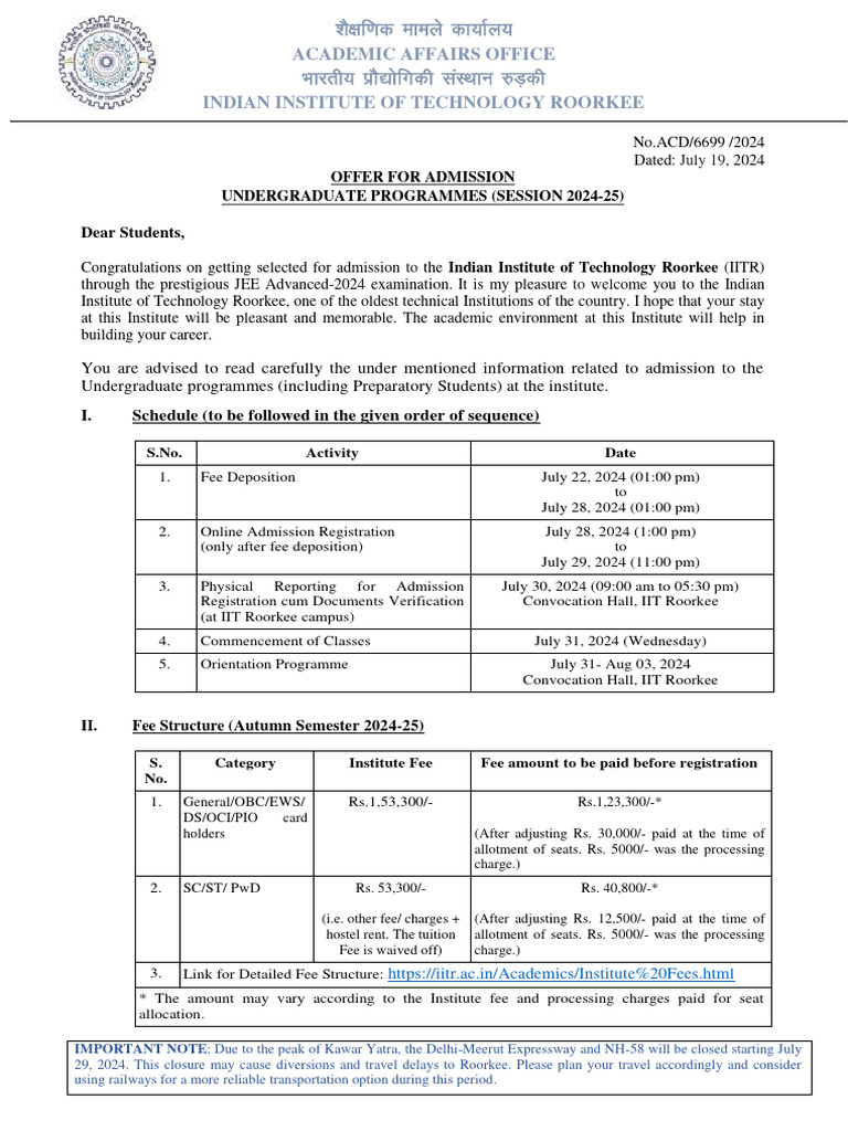 IIT Roorkee UG Admission Dates 2024-25 | PDF