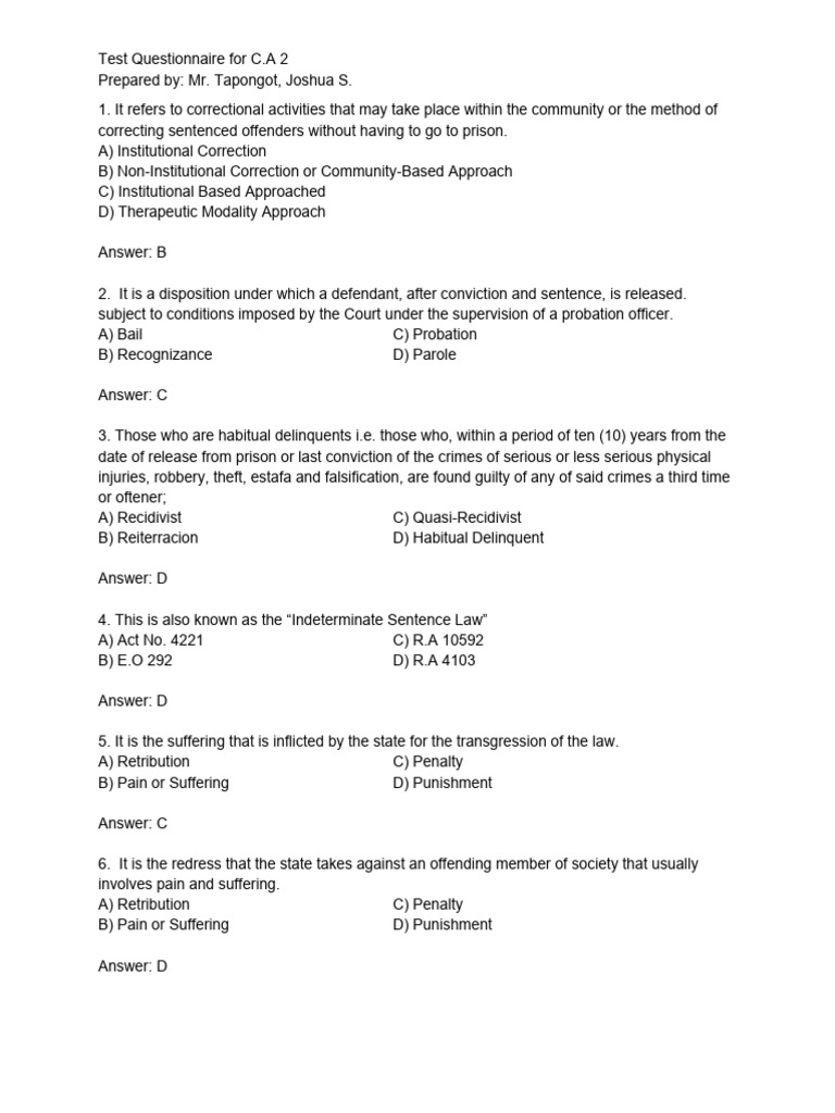 C.A. 2 Probation Test Questionnaire | PDF | Probation | Pardon