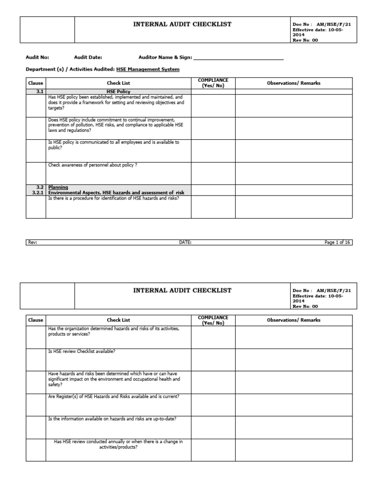 21 HSE Internal Audit Checklist | PDF | Internal Audit | Audit