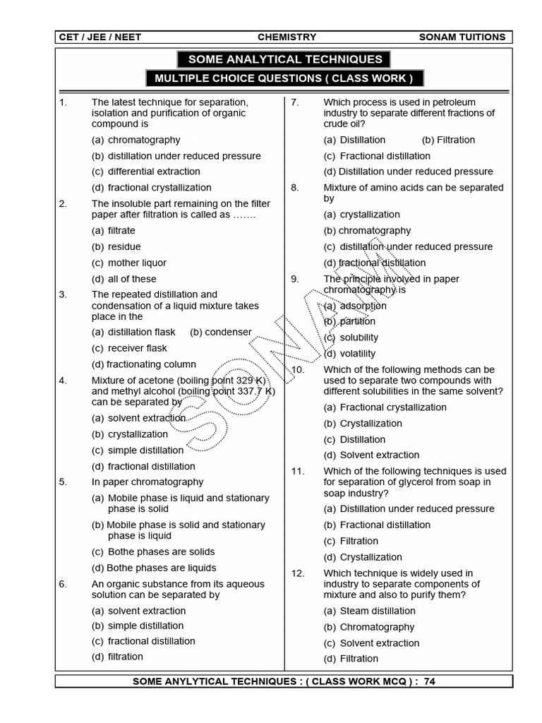 Analytical Techniques MCQs for Chemistry | PDF | Chromatography ...