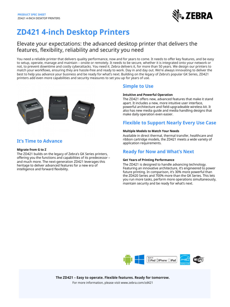 zd421 Series Spec Sheet en GB PDF Printer (Computing) Usb