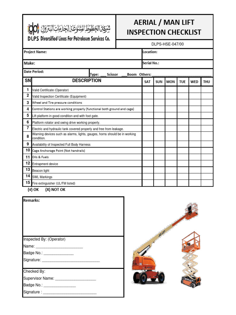 Aerial Lift Inspection Checklist | PDF