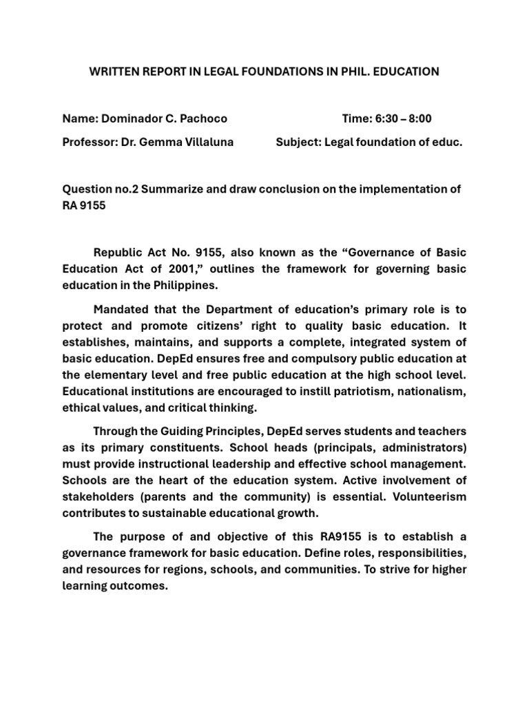 Overview of RA 9155 in Philippine Education | PDF | Career & Growth ...