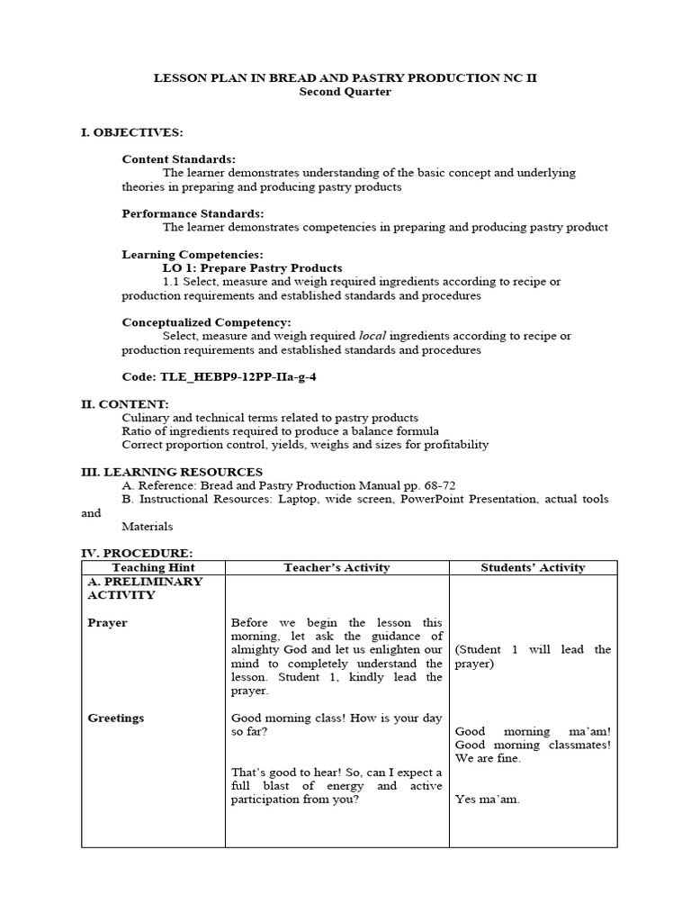 Detailed Lesson Plan in Bread and Pastry Production NC II (Shs Demo ...