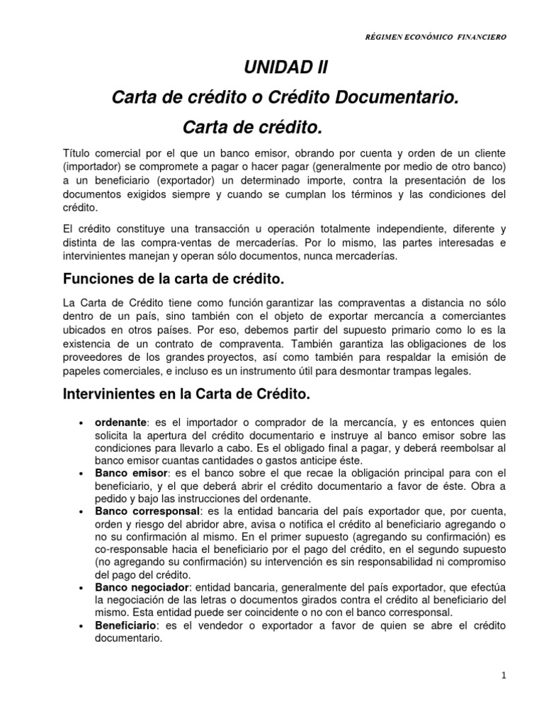 UNIDAD II Comercio REG ECON y FRI Carta de Credito o Credito ...