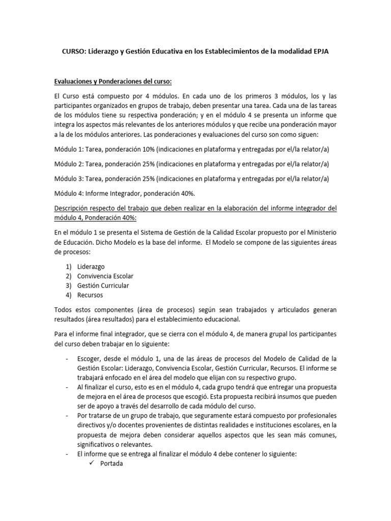 Evaluación Curso Liderazgo y Gestión Educativa en Epja | PDF | Plan de ...