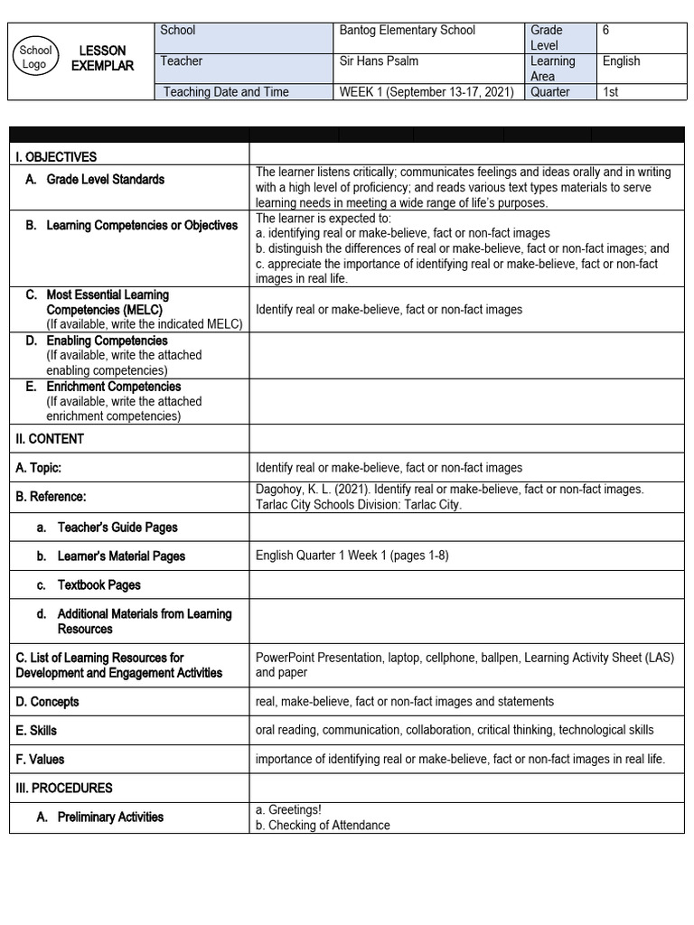English 6 Q1 Week 1 Lesson Exemplar Pdf Learning Teachers