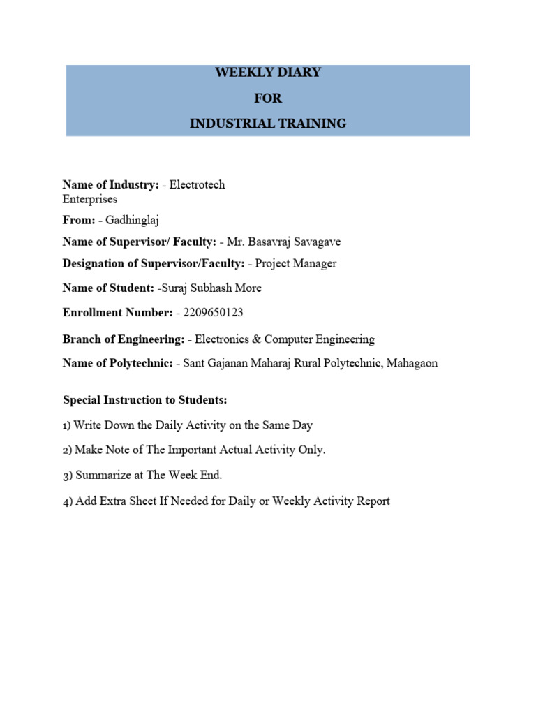 Industrial Training Weekly Report Diary Format. (AutoRecovered) | PDF ...