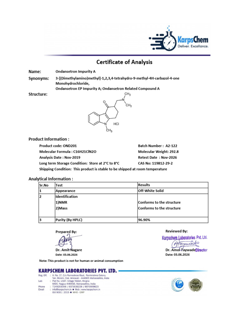 Ondensetron Impurity A Coa | PDF | Chemistry | Analytical Chemistry