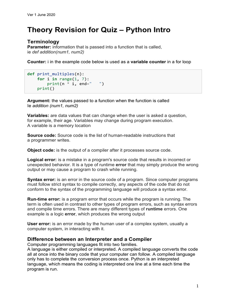 Pytho Intro QUIZ-Theory Revision 8TZ | PDF | Control Flow | Programming