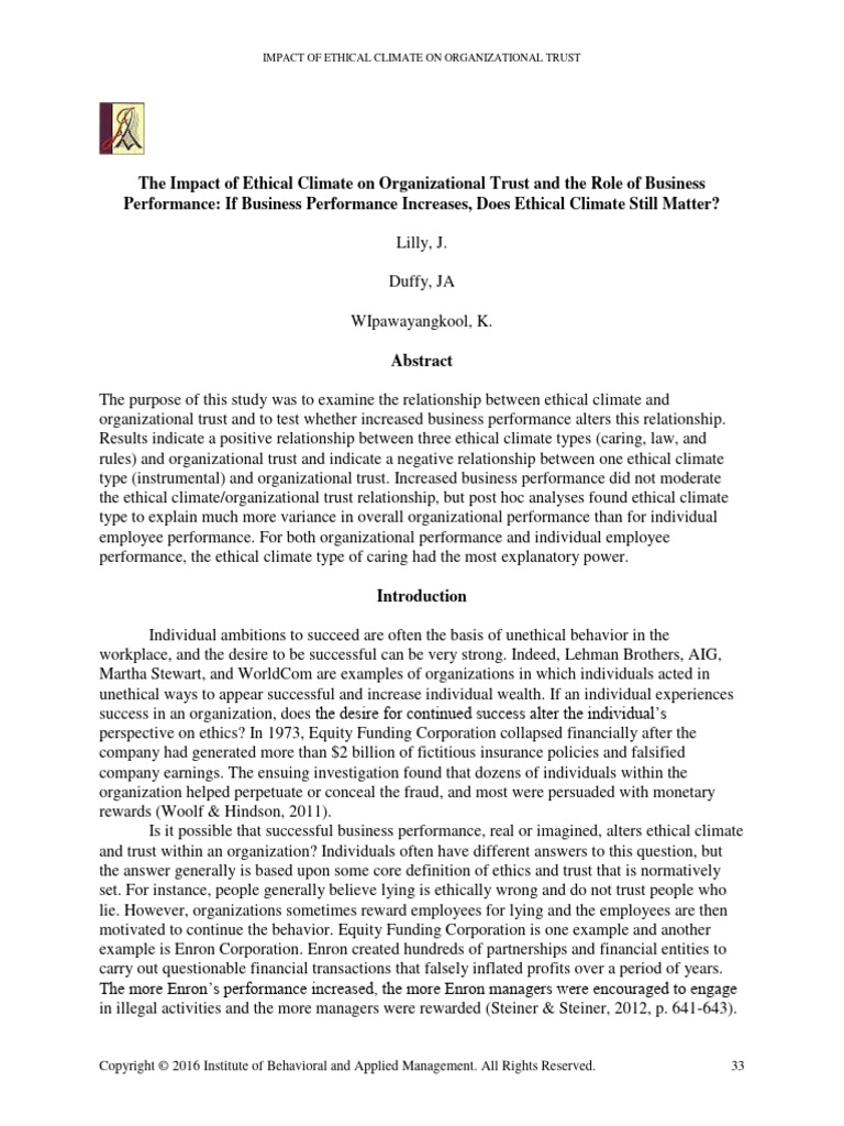 Jbam Vol 17 Article 2 Impact of Ethical Climate 12022016 | PDF ...
