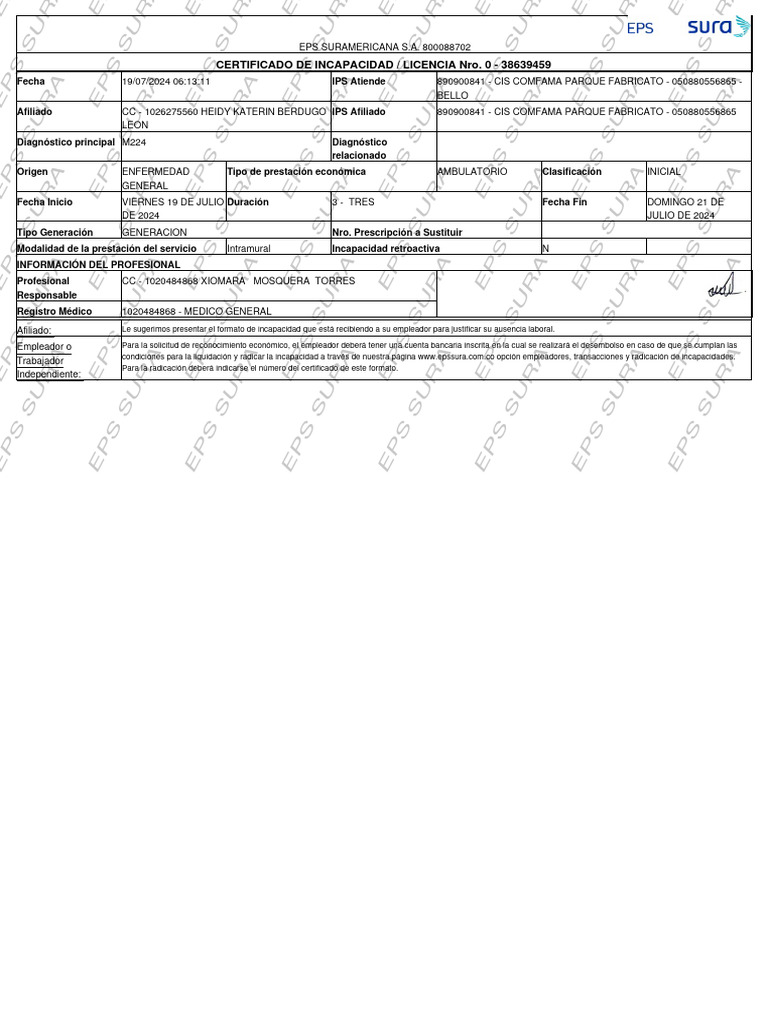 Certificado de Incapacidad EPS SURA | PDF