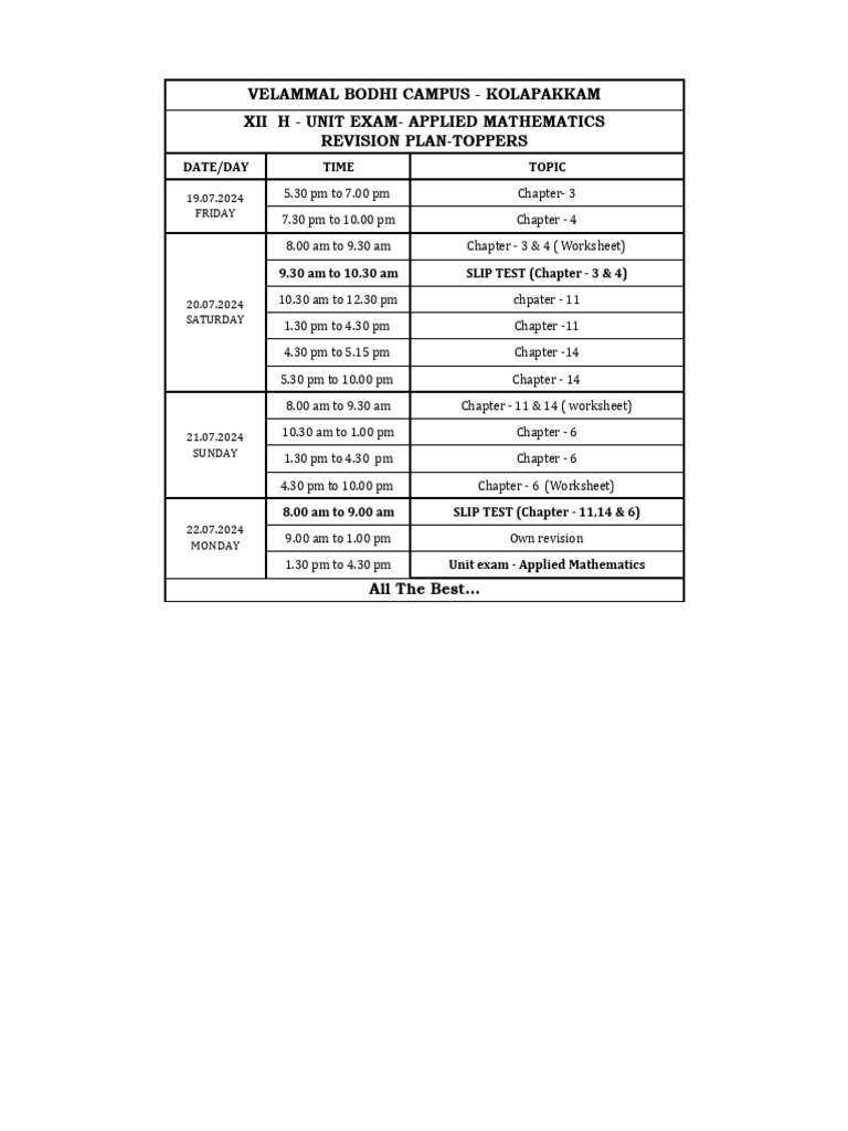 Exam Prep Schedule: XII Applied Math | PDF | Science & Mathematics