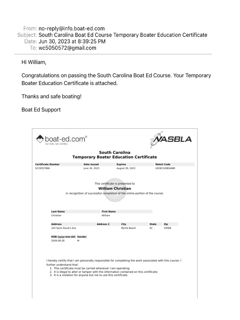 South Carolina Boat Ed Course Temporary Boater Education Certificate PDF