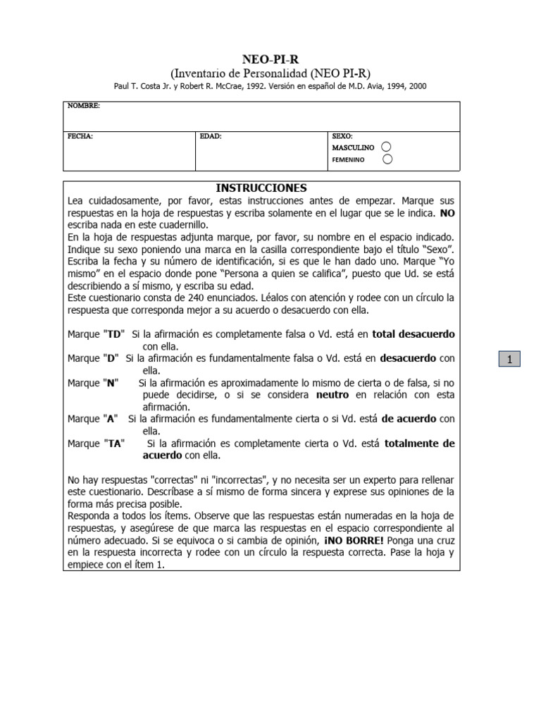 Cuestionario NEO PI-R: Instrucciones y Ejemplos | PDF | Sicología ...